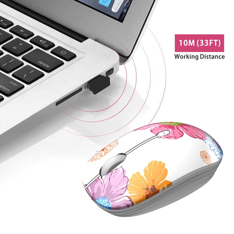 TENMOS M101 Wireless Mouse Cute Silent Computer Mice with USB Receiver, 2.4G Optical Wireless Travel Mouse 1600 DPI for Laptop, Notebook, PC, Computer (Flower) - Image 4